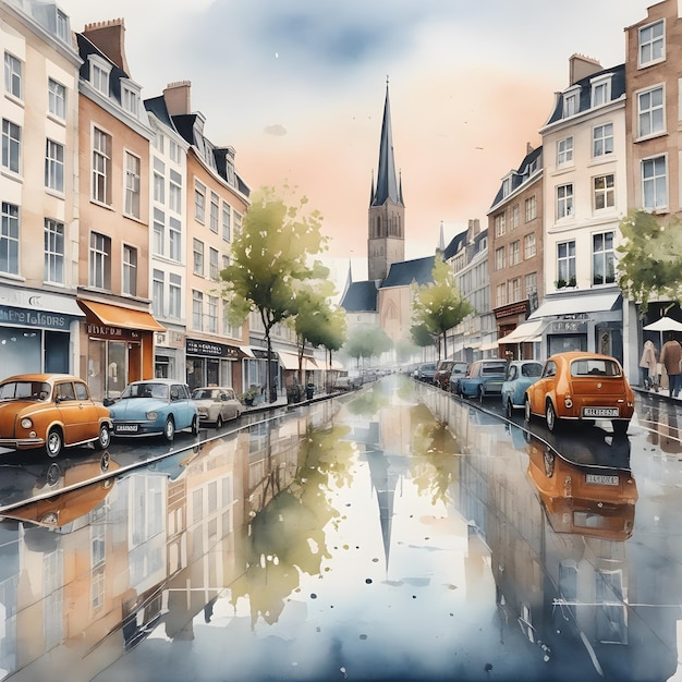 Old town of Strasbourg France Digital watercolor painting generative ai