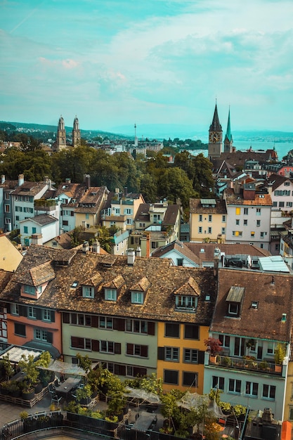 Old town in Zurich city Switzerland panorama with historic buildings and lake