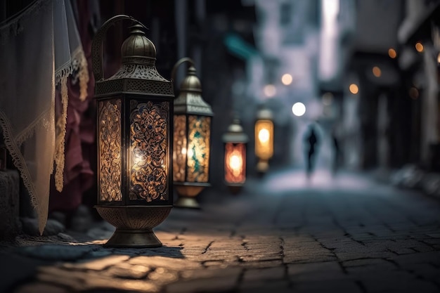 Old tradition designs of lanterns for lighting holy month of prayer in ramadan AI generated