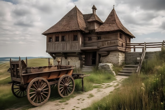 Old traditional medieval european wooden cart on the road Neural network AI generated