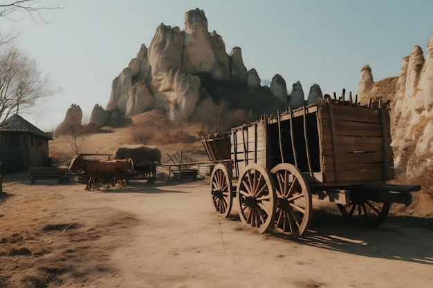 Old traditional medieval european wooden cart on the road Neural network AI generated