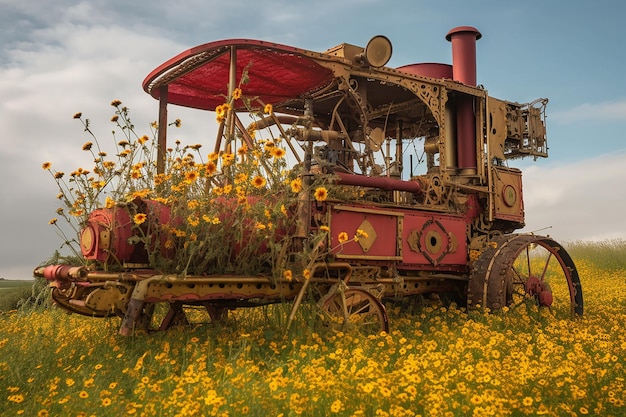 Old train engine in a flower garden