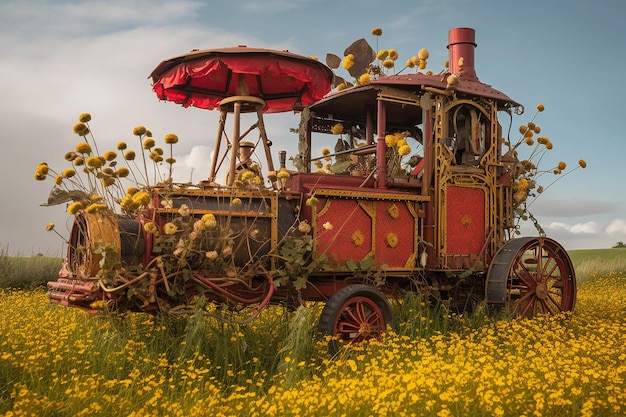 Old train engine in a flower garden