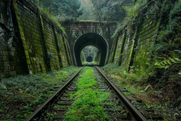 Photo old train tracks disappearing into a dark tunnel covered in green moss