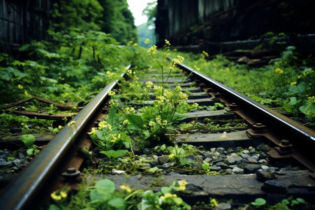 Photo old train tracks overgrown with weeds gr old paper texture grunge background