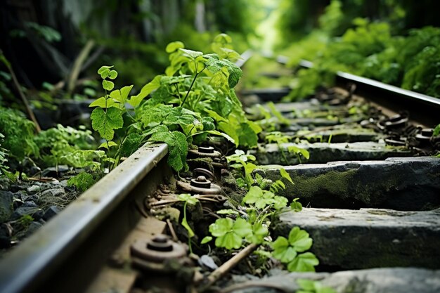 Old train tracks overgrown with weeds Grunge BackgGrunge background old texture image