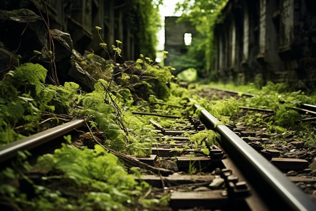 Old train tracks overgrown with weeds Grunge BackgGrunge background old texture image