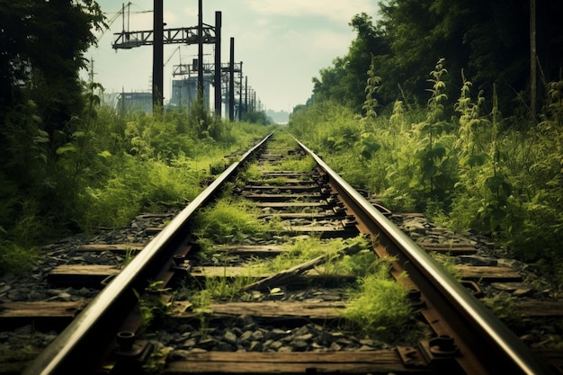 Old train tracks overgrown with weeds Grunge BackgGrunge background old texture image