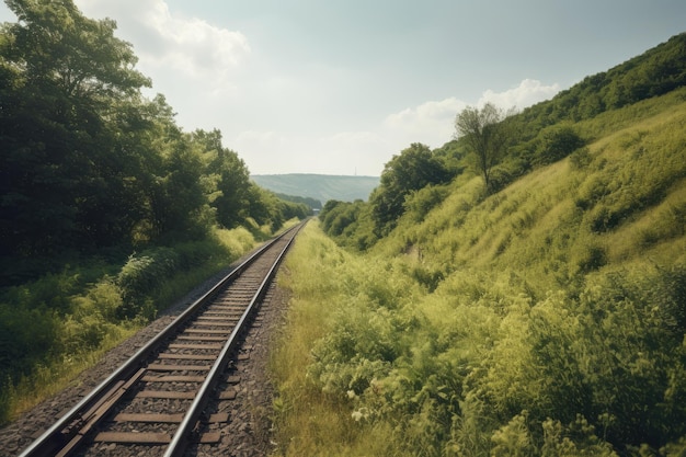 Old train tracks winding between lush green hills generative IA