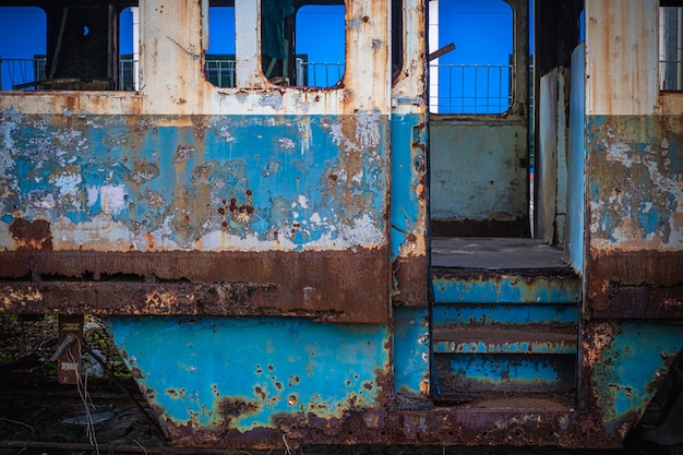 The old train wagons in an abandoned station.