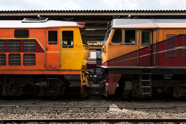 Old trains at Hua Lampong train station in Bangkok Thailand