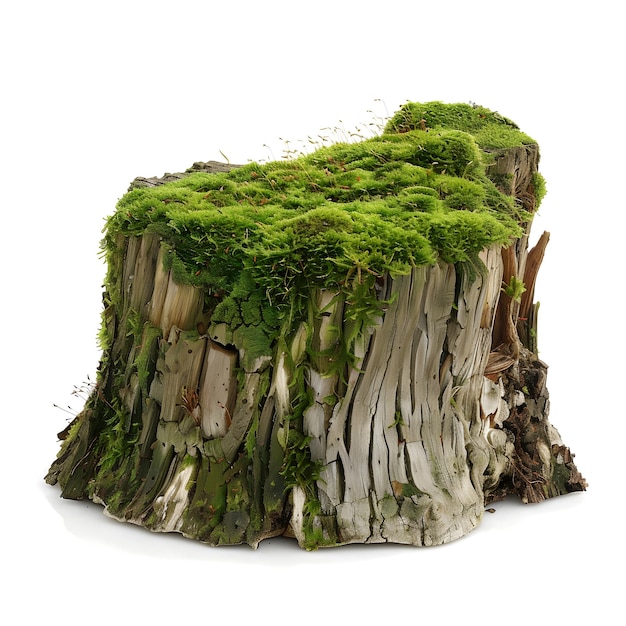 Old Tree stump covered with green moss on white background