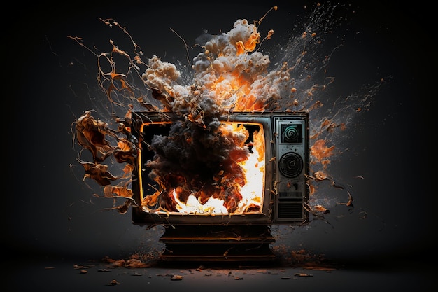 An old TV set exploding with fire and smoke.