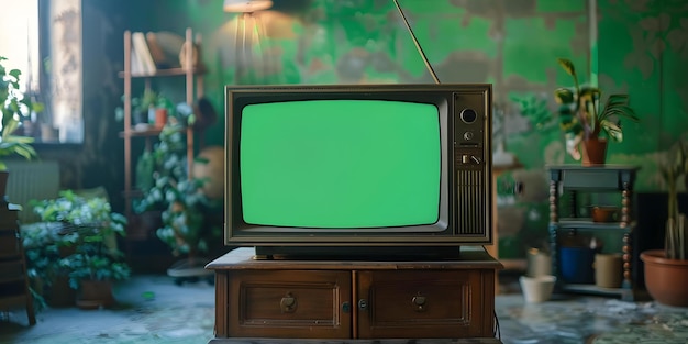 Old TV set with blank green screen for editing or overlay Concept Video Editing Green Screen Vintage Technology Creative Overlay Retro Aesthetic