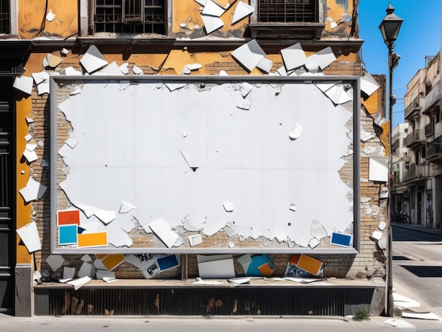 Old urban street billboard with white peeling posters and stickers