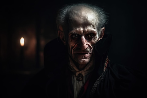 Old vampire Count Dracula in red cloak in castle Generative AI illustration