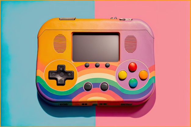 Old video game console on rainbow background digital illustration AI