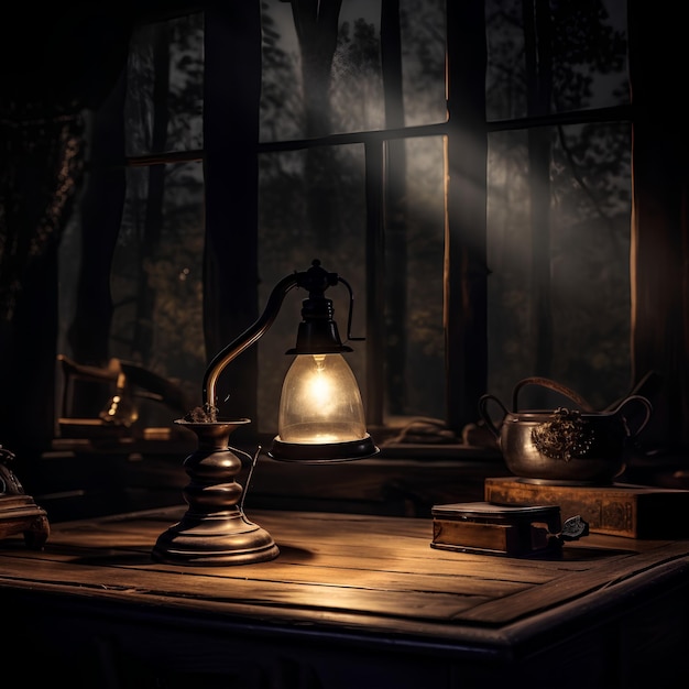 Old village style table lamp cinematic shot dark theme