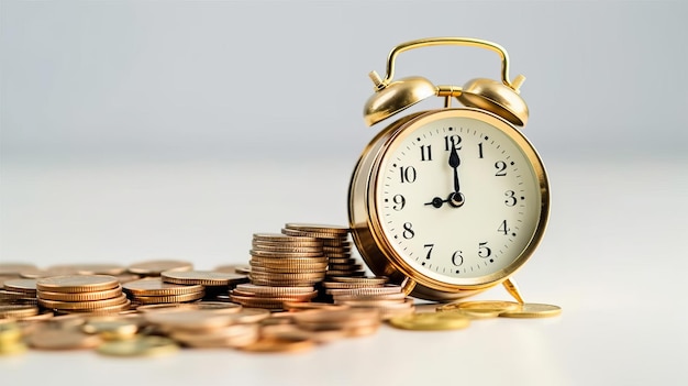 Old vintage Alarm clock and gold coin white background