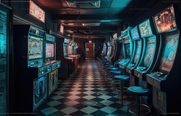 Old Vintage Arcade Video Games in an empty dark gaming room with blue light with glowing displays and beautiful retro design