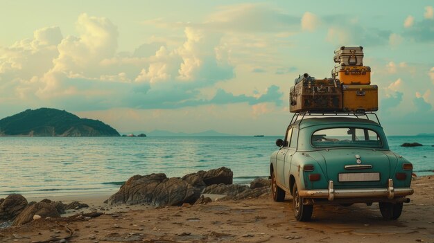 Old vintage car loaded with luggage on the roof arriving on beach with beautiful sea view