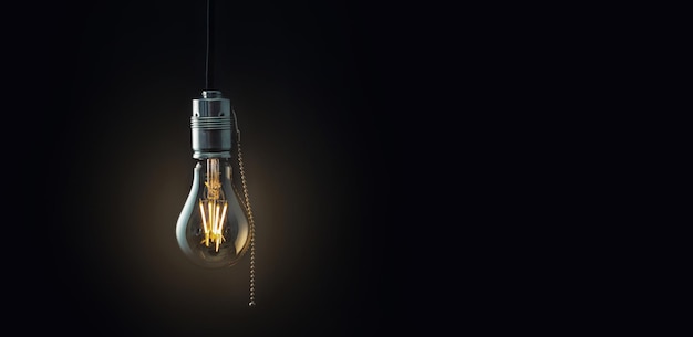 Old vintage hanging light bulb over dark background