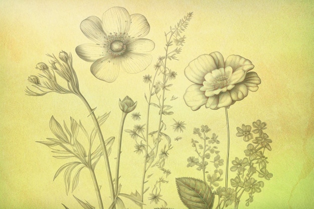 Old vintage paper with flowers drawn in pencil Floral pattern on retro wallpaper