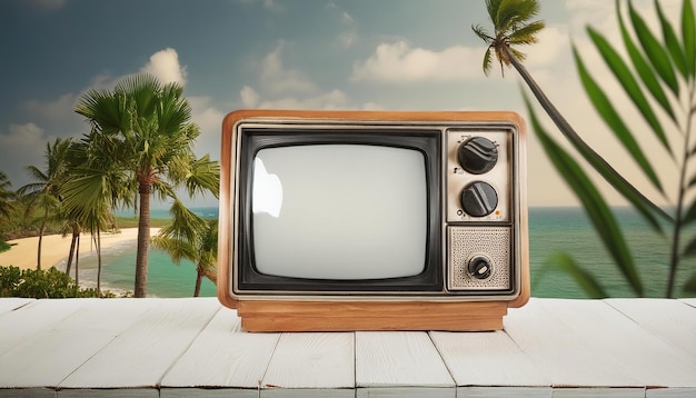 Old vintage retro television on white wooden table and beach background