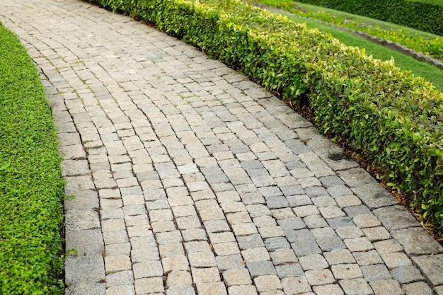 Old vintage rough brick walkway & shrubs in the garden 