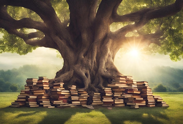 old vintage tree with roots for world book day showing knowledge is in roots