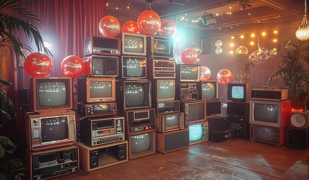 Photo old vintage tvs and radios stacked up in room with red balloons and plants