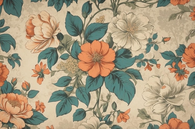 Old vintage wallpaper on the wall with a pattern of flowers