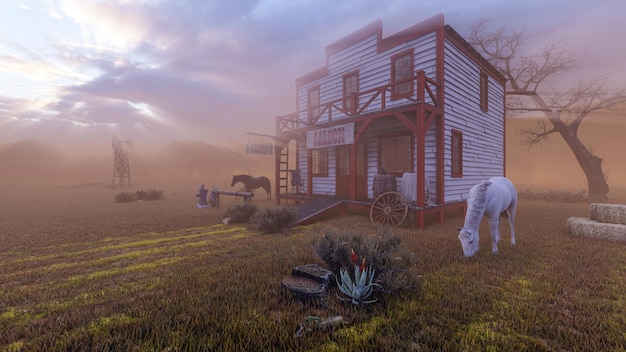 Old vintage western saloon isolated on the field in Wild West, 3d rendering