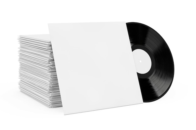 Old Vinyl Record Disk in Blank Paper Case with Free Space for Your Design near Stack of Record Disk on a white background. 3d Rendering