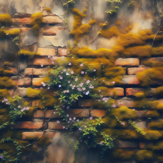 Old wall background with yellow due and plants