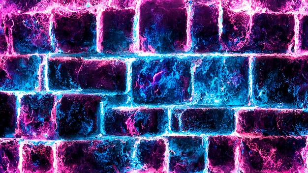 Old wall with pink and blue fire neon effect background