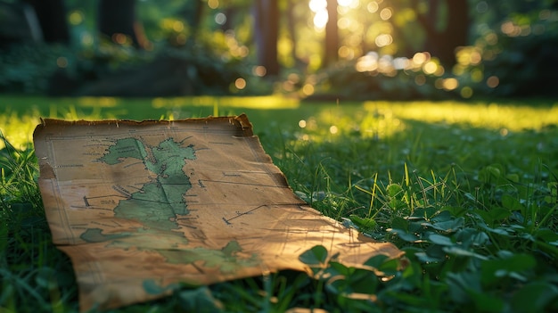 An old weathered map resting on the lush grass bathed in the warm sunlight