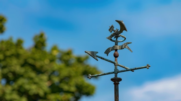 Old weathered metal weather vane showing wind direction with blue sky