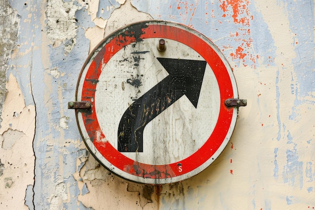 Photo old weathered traffic sign on peeling paint wall background indicating the direction to turn right a