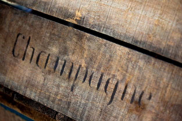 Old and weathered wooden box for Champagne bottles