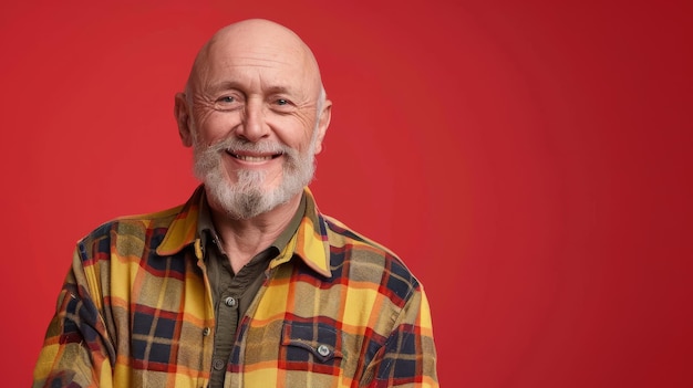 Old white male with a beard smiles in a cozy plaid shirt