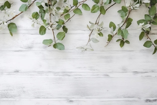 Old white wooden background with green leaves top view copy space