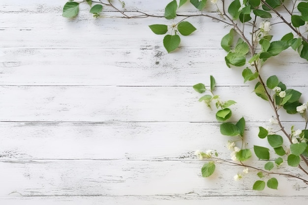 Old white wooden background with green leaves top view copy space