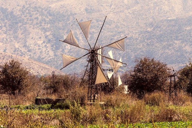 Old windmills Lassithi area island Crete Greece