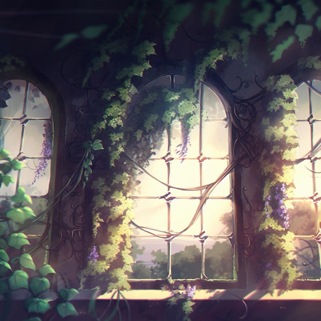 An old window overgrown with vines in the anime style