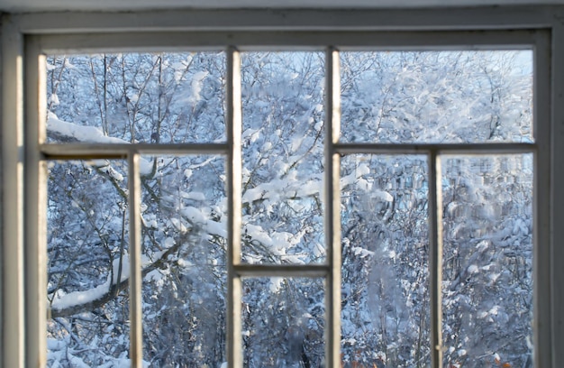 old window with snowy beautiful landscape