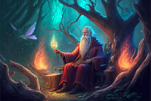 An old wizard casting a spell in the mystical forest