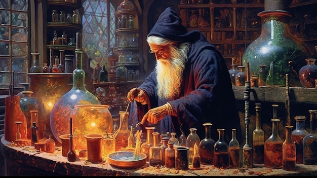 old wizard in his laboratory