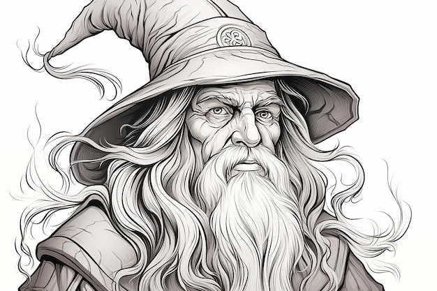 Photo old wizard wearing a hat with a long beard doodle coloring page ar c