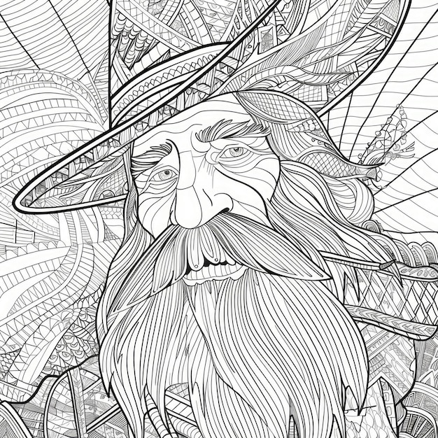 Photo an old wizard wearing a hat with a long beard a whimsical doodle coloring page for children